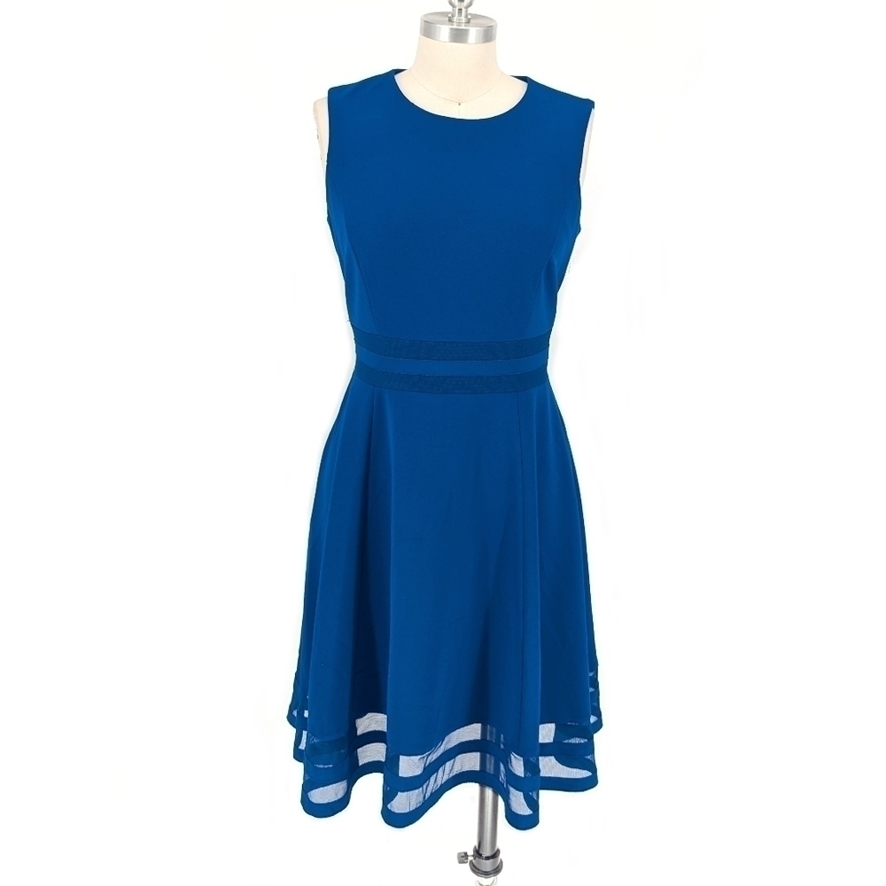 Calvin Klein A Line Mesh Hem Dress Blue 10 Business casual party cocktail classi